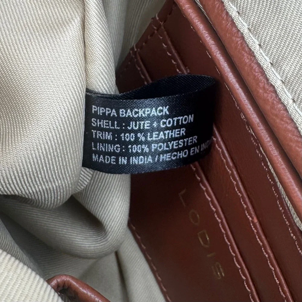 Lodis Pippa Backpack Cream Jute Cotton Tan Leather Trim Zip Top Bat